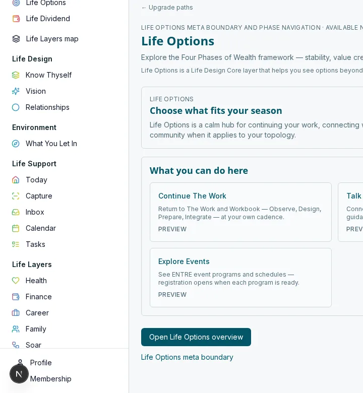 Life Design OS sidebar showing Know Thyself, Vision, Relationships, Today, and Life Layers